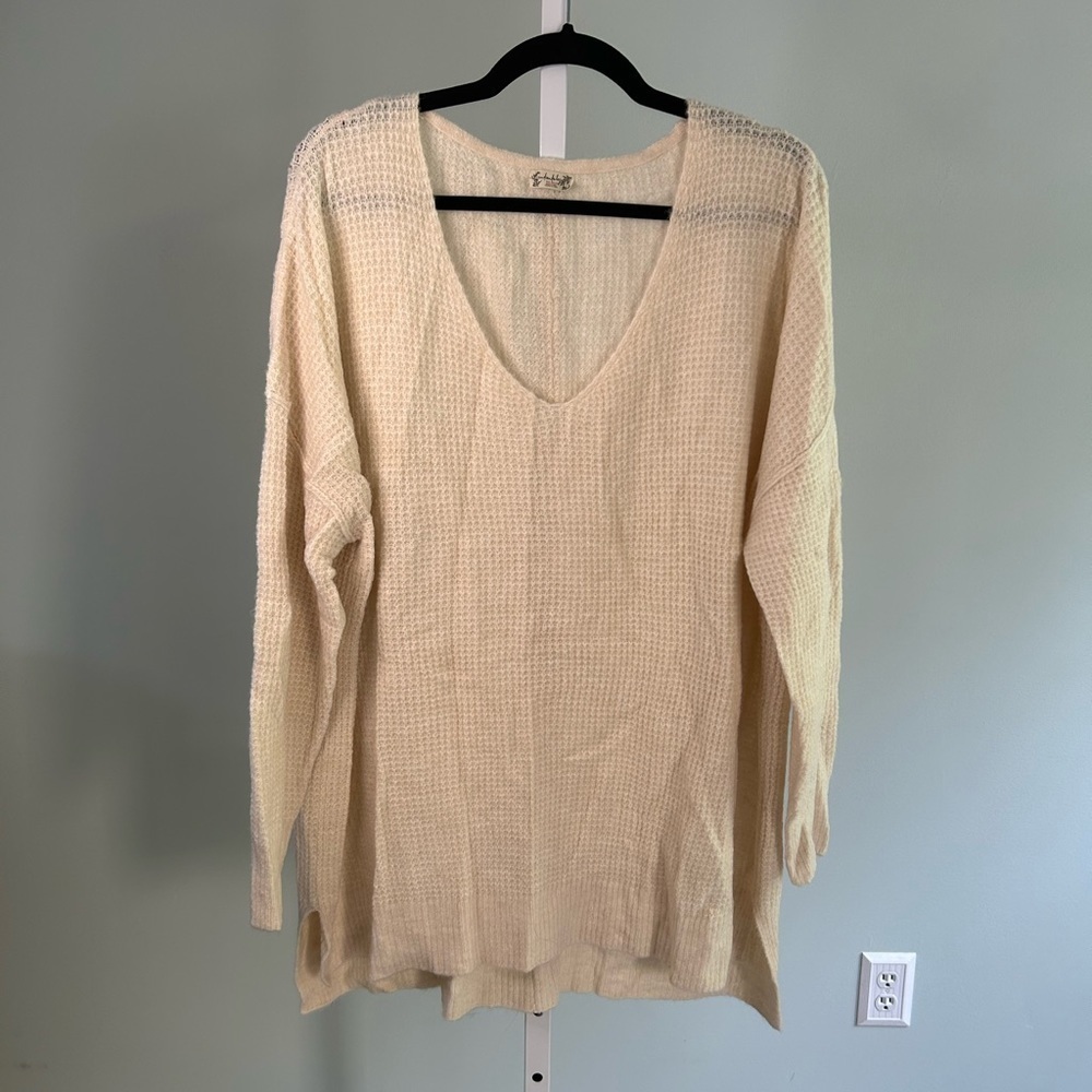 Free People Cream Oversized V-Neck Knit Sweater